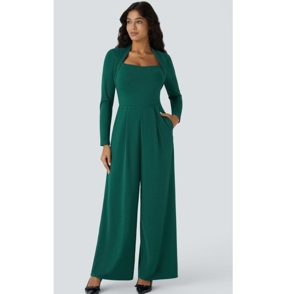 Halara Green Wide Leg Jumpsuit Long Sleeve Shrug Square Neck Pleated XL NWT
